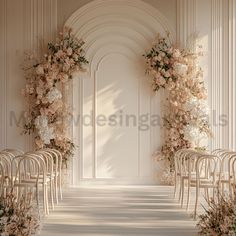 the aisle is lined with chairs and flowers