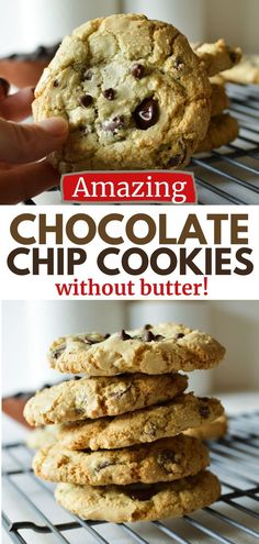 a stack of chocolate chip cookies without butter Cookie Recipe No Butter, Chocolate Chip Cookies Without Butter, Cookie Recipe With Oil, Cookies Without Butter, Dairy Free Cookie Recipe, Dairy Free Chocolate Chip Cookies