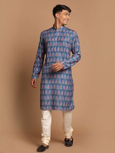 Vastramay Men's Blue Ethnic Kurta with Cream Pyjama Set Traditional Indigo Kurta With Printed Motifs, Blue Kurta With Traditional Patterns For Ceremonies, Traditional Ikat Print Straight Kurta, Transitional Blue Kurta For Traditional Ceremonies, Blue Straight Kurta With Kalamkari Print, Festive Blue Kurta With Kalamkari Print, Blue Kalamkari Print Straight Kurta, Blue Cotton Silk Kurta With Printed Motifs, Ikat Print Straight Kurta For Festivals