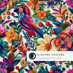 colorful flowers and birds are featured in this paper art pattern, which is part of the sequina designs collection