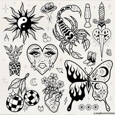 an assortment of tattoo designs on white paper