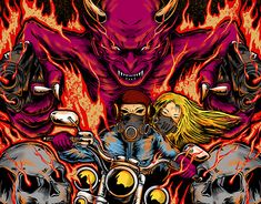 an image of two people on a motorcycle with demonic creatures in the background and blood