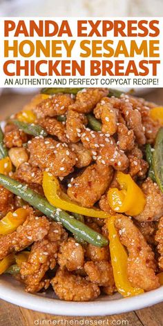 panda express honey sesame chicken breast with green beans and peppers in a white bowl on a wooden table