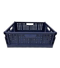 a blue plastic crate with holes on the bottom and sides, in front of a white background