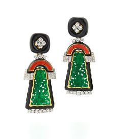 Carved jade, coral, brilliant-cut diamonds, black enamel, 18K gold, and platinum. David Webb, Carved Jade, Ancient Beauty, Hot Jewelry, Luxury Earrings, Bold Jewelry, Jade Carving, Jade Jewelry, Black Enamel