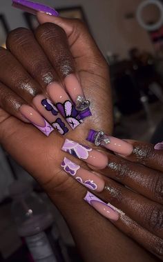 #kaws #nails #purplenails #colorpurple #acrylic #purple #kawsnails Cartoon Character Nails Acrylic, Long Junk Acrylic Nails, Kaws X Chrome Hearts Nails, Purple Xl Nails, Kaws Halloween Nails, Glam Long Nails, Purple Nails For Birthday, Nail Inspo Purple And White, Cute Nail Room Ideas