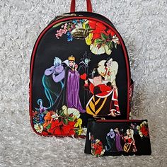 New Disney Villains Floral Mini Back And Cardholder Featuring Ursula From Little Mermaid, Maleficent, Cruella De Vil From 101 Dalmatians And Snow White Evil Queen. The Back Has Men Villains In Beauty And The Beast, Peter Pan And Others. See Pictures For More Details And Measurements. Price Is Firm. Please Do Not Send Offers Unless Bundled With Other Items With A Reasonable Offer. Combine Orders Into A Bundle And Pay For Only One Shipping. C-49 Disney Bags With Card Slots For Everyday Use, Disney Style Bags With Card Slots For Gifts, Disney Bags With Card Slots As Gift, Red Disney Backpack For Disney Fan Events, Red Themed Standard Backpack, Red Themed Backpack Bag, Themed Red Travel Bag, Red Disney Bags For Disney Trips, Disney Red Travel Bag