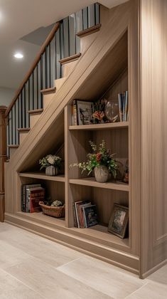 an open book shelf under the stairs in a house