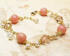 Pink Opal Bracelet, Peach Stone Bracelet, Blush Pink Swarovski Crystal, Pearls, Gold Filled, October Elegant Rose Quartz Round Beaded Jewelry, Elegant Beaded Rose Quartz Jewelry, Elegant Round Rose Quartz Bead Jewelry, Elegant Rose Quartz Beaded Jewelry, Pink Rondelle Elegant Jewelry, Elegant Pink Rondelle Jewelry, Elegant Coral Bracelet For Gift, Elegant Pearl Bracelet With Gemstone Beads For Wedding, Coral Gemstone Jewelry For Weddings