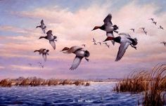 a painting of ducks flying over the water