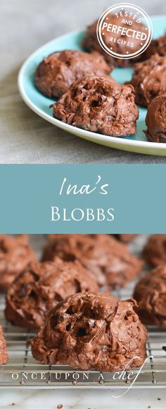 chocolate cookies on a cooling rack with the words ina's blobs