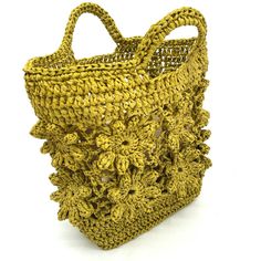 These elegant 3D flower motives bags are made of special raffia yarns for knitting. They are organic, super light in weight. Dimenions of bottom: 8,5cmx15cm = 3.35x5.90inches, height with handles: around 27cm=10.63inches. Few colors availible: -white; -creme; -moss green; -chocolate brown; -light lilac; -persimon. If not in stock, processing time 1-1,5week. Elegant Handwoven Crochet Bag For Spring, Yellow Crochet Bag For Spring, Spring Yellow Crochet Bag, Summer Crochet Bag Hand Knitted For Shopping, Spring Crochet Straw Shopping Bag, Handmade Flower Crochet Bag For Everyday Use, Summer Crochet Yarn Bags, Summer Hand-knitted Yarn Crochet Bag, Hand-knitted Yarn Crochet Bag For Summer