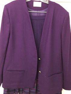 "Vintage Pendleton purple wool lined jacket vibrant purple 2 button deep V jacket vtg size 14-matching skirt listed separately Boho preppy gorgeous jacket with front pockets. Purple and gold plastic buttons. Mint vintage condition. Shoulder 18\" small sewn in shoulder pads Chest 46\" deep V Length 26\" Sleeve 24 3/4\" (30 3/4\" from neck) Bottom 48\"" Cheap Purple V-neck Outerwear, White Kimono, Vest Blouse, Pendleton Wool, Vibrant Purple, Line Jackets, Wool Cardigan, Vintage Wool, Deep V