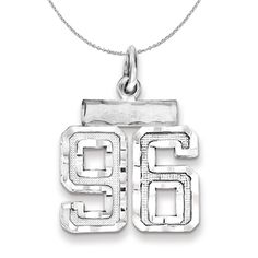 Celebrate your favorite sports player, lucky number or milestone date in your life with a prominent rhodium-plated sterling silver charm. Each satin and diamond cut number is approximately 12mm (7/16 Inch) in length, which is finished with a 3mm top bar and classic jump ring that will accommodate up to a 3mm chain. Includes a 1.25mm, 18 inch sterling silver cable chain. Tiny Charm, Bow Jewelry, Lucky Number, Small Pendant, Jewelry Companies, Shell Pendant, Black Bow, Love Necklace, Gold Plated Silver