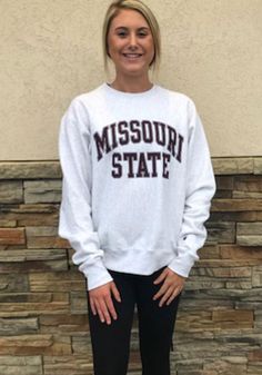 Champion Missouri State Bears Mens Grey Reverse Weave Long Sleeve Crew Sweatshirt - 14752075 Varsity Cotton Tops For Fall, Collegiate Fall Top For Campus, Cotton Tops For Campus In Fall, Casual Cotton Tops For Campus, Cotton Tops For Campus Wear In Fall, College Heather Grey Tops With Letter Print, Heather Grey Crew Neck Top For Game Day, Collegiate Cotton Tops For Fall, Heather Grey Letter Print Top For College