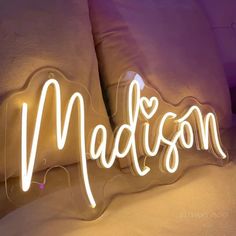 Madison Name Neon Sign, adding a pop of personality to your space - from manhattonneons.com. Neon Custom Sign, Christmas Shuffle, Madison Name, Led Name Sign, Yellow Neon Sign, Neon Name Sign, Cozy Dorm, Dream Dorm Room, Preppy Decor