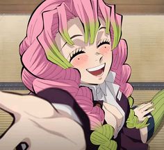 an anime character with pink hair and green eyes