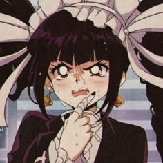 an anime character with long black hair and big eyes, holding her hand to her mouth