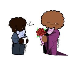 two cartoon characters one is holding a bouquet and the other is looking at another person