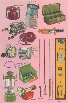 an advertisement for fishing equipment from the early 1900's, including reels and rods