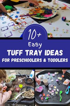 Pin text reads, 10+ easy tuff tray ideas for preschoolers and toddlers and has 3 images of ideas. Easy Tuff Tray Ideas, Sensory Tuff Tray Ideas, Tuff Tray Ideas Toddlers, Tuff Tray Ideas, Winter Sensory Bin, Valentine Sensory