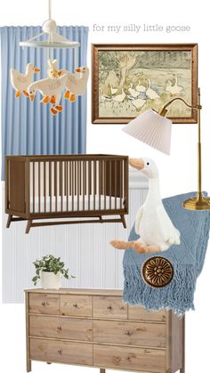 a baby's room with blue and white decor, including a crib, rocking chair, rugs, bird lamp, and painting on the wall