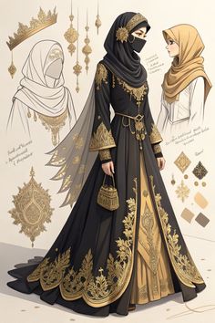 An elegant black and gold Islamic gown with intricate embroidery, perfect for weddings or special occasions. Modest Fantasy Outfits, Sophisticated Modest Outfits, Royal Advisor Outfit, Hijab Character Design, Royal Gowns Princesses, Gold Dress Wedding, Gown Black And Gold, Layered Hijab, Royal Outfits Classy