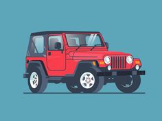 a red jeep is shown on a blue background