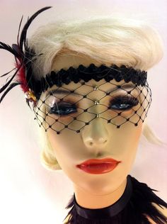 "Great Gatsby Flapper headband, 1920s Flapper, Flapper Headband, 1920s Headband Visit the shop here https://www.etsy.com/shop/IceGreenEyes ~Black Hackle feathers~ ~Red or Burgundy Iridescent Coque Feathers~ ~Black Biots~ ~Rhinestone and Pearl gold-tone center piece~ *Also available in silver* ~Black sequined band~ ~Approximately 4\" x 5\"~ ~Rhinestone Veil/Mask 3\" x 15\"~ ~Works with an up-do or wear hair down, can be placed anywhere on the head~ Please allow up to 12 days for creation before s Vintage Adjustable Headband For Parties, Vintage Adjustable Headpiece For Carnival, Vintage Adjustable Costume Accessories For Costume Party, Adjustable Gatsby Headpiece For Costume Party, Adjustable Flapper Headband For Evening, Adjustable Art Deco Headpiece For Party, Adjustable Art Deco Headpieces For Parties, Vintage Adjustable Costume Accessories For Wedding, Adjustable Vintage Costume Accessories For Wedding