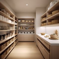 an empty pantry with lots of shelves and bowls on the counter top, along with other items