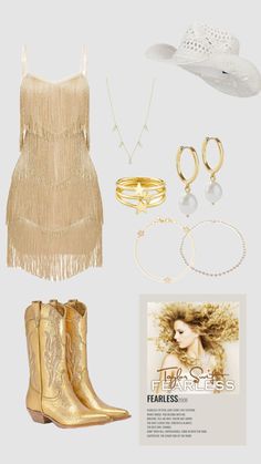 a woman's outfit and accessories including cowboy boots, bracelets, necklaces, hat