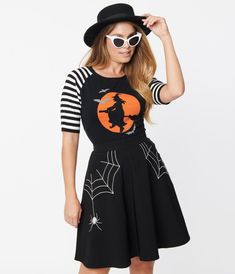 Hell Bunny Black & Orange Fly Away Witch Sweater – Unique Vintage Gothic Top For Costume Party In Fall, Gothic Tops For Costume Party In Fall, Gothic Tops For Fall Costume, Fitted Witchy Top For Costume Party, Fitted Tops For Halloween Costume Party, Edgy Black Tops For Costume Party, Edgy Black Top For Costume Party, Spooky Fitted Halloween Tops, Spooky Fitted Tops For Halloween