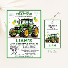 a green tractor birthday party with thank you tags