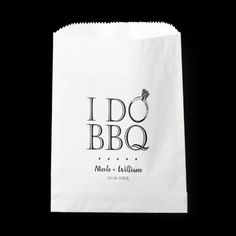 a white paper bag with the words i do bbq on it and an image of a