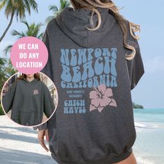 "Newport Beach Crewneck | California Tee | California Shirt | Bella & Canvas 3001 Tee | Newport Beach Gift For Beach Lover |  Beach Shirts: https://etsy.me/3rOIGBS Beach Sweatshirt: https://etsy.me/3pdRnVI Beach Hoodie: https://etsy.me/37eabgO OUR SIZING IS ADULT UNISEX. This means it will be larger than normal women's sizing.  Please see photos for size charts 🌻 Please read the full description:   This hoodie/sweatshirt sizing is NOT oversized.  You need to order at least 1-2 sizes larger for Relaxed Fit Hoodie With Letter Print For Beach, Hooded Letter Print Top For Summer, Summer Vacation Hoodie With Letter Print, Summer Vacation Hoodie With Crew Neck, Summer Letter Print Hoodie Top, Summer Vacation Hoodie In Relaxed Fit, Relaxed Fit Hoodie For Vacation, Summer Vacation Hoodie With Graphic Print, Beach Season Vacation Hoodie With Crew Neck