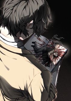 an anime character with black hair and blood on his face, holding a piece of paper