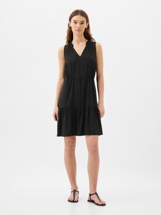 Sleeveless Splitneck Mini Dress | Gap Factory Elegant Sleeveless Tiered Dress For Daywear, Elegant Sleeveless Tiered Dress With Ruched Detail, Casual Sleeveless Tiered Dress With Ruched Detail, Casual Sleeveless Ruched Tiered Dress, Flowy Ruched Sleeveless Tiered Dress, Sara Dress, Cross Front Dress, Striped T Shirt Dress, Black Tank Dress