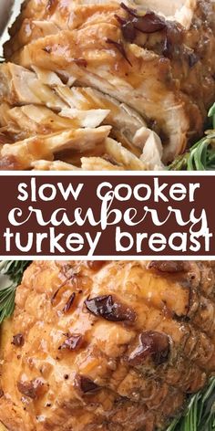 slow cooker cranberry turkey breast with rosemary garnish on the side