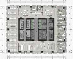 the floor plan for an office building with several tables and chairs, including two desks