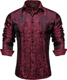 This Men's Luxury Red & Black Paisley Long Sleeve Shirt is made with high-quality fabrics. Its intricate pattern and luxurious color palette make it a stylish addition to any wardrobe. Enjoy all-day comfort and effortless style with this timeless piece. Silk Imported Button closure Hand Wash Only SIZE NECK CHEST WAIST SLEEVE S 14-14½″ 34-36″ 28-30″ 32-33″ M 15-15½″ 38-40″ 32-34″ 33-34″ L 16-16½″ 42-44″ 36-38″ 34-35″ XL 17-17½″ 46-48″ 40-42″ 35-36″ 2XL 18-18½″ 50-52″ 44-46″ 36-37″ 3XL 19-19½″ 54-56″ 48-50″ 37-38″ 4XL 20½-21″ 58-60″ 53-55″ 38″ 5XL 22-22½″ 62-64″ 58-60″ 38½″ Black Dress Shirt Men, Casual Dress Shirt Men, Contrast Dress, Black Button Down Shirt, Silk Shirt Dress, Paisley Shirt, Vest And Tie, Shirts Long Sleeve, Tuxedo For Men