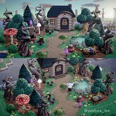 an image of a small house in the middle of a field with mushrooms and other things around it