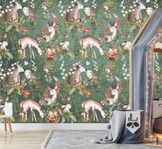 an animal themed wallpaper with deers, flowers and plants on it's green background