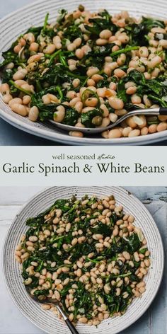 two plates filled with beans and spinach on top of each other, one is topped with