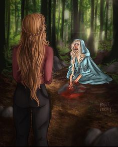 a woman with long blonde hair standing in the woods next to another woman who is sitting down