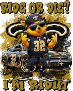 a black and yellow bear wearing sunglasses next to a car