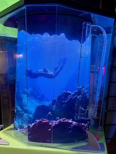 an aquarium with a man swimming in it