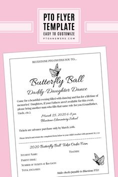 a blue and white flyer for a butterfly ball party with an image of a butterfly on it