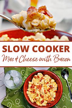 slow cooker macaroni and cheese with bacon in a red bowl on a green napkin