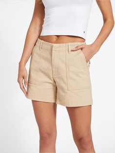 Lana Chino Shorts | GUESS Factory Summer Cargo Shorts With Hip Pockets, Trendy Summer Cargo Shorts With Side Pockets, High Waist Cargo Shorts With Hip Pockets For Summer, Trendy Mid-rise Cotton Bermuda Shorts, Trendy Shorts With Hip Pockets, High-waisted Cargo Shorts With Hip Pockets For Summer, Spring Jean Shorts With Side Pockets, Trendy Summer Cargo Shorts, Trendy Mid-rise Spring Cargo Shorts