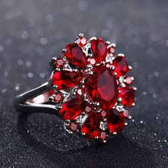 Dark Red Ruby Flower Gemstone Ring 925 Silver Wedding Jewelry For Women Brand Name: Genuine-GemstoneItem Weight: 6.2gMetals Type: silverMetal Stamp: 925,SterlingGender: WomenMain Stone: Red RubySetting Type: Prong SettingItem Type: RingsShape\pattern: FlowerStyle: VintageRings Type: Wedding BandsOccasion: Wedding Stone Rings For Women, Rings Ruby, Ruby Flower, Silver Wedding Jewelry, Retro Ring, Gothic Rings, Zircon Jewelry, Cluster Engagement Ring, Sterling Silver Engagement Rings